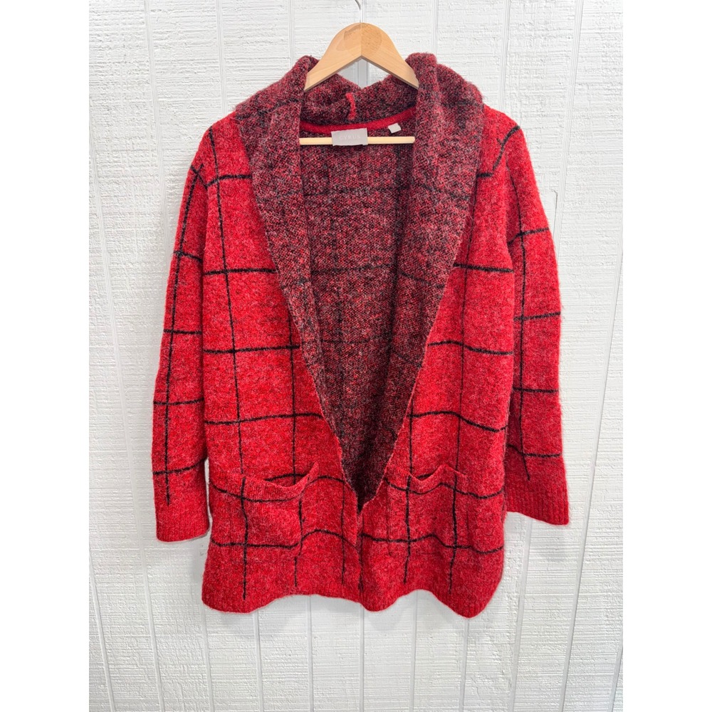 Cyrus Hooded Cardigan Women Medium Red Black Windowpane Plaid Open Front M